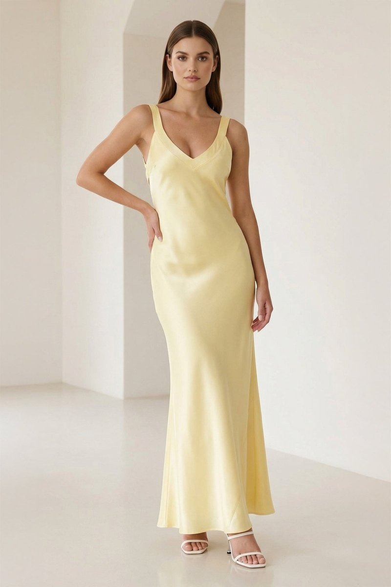 Starlee | Yellow - V Neck Yellow Open Back Mermaid Long Prom Dress - KissProm
