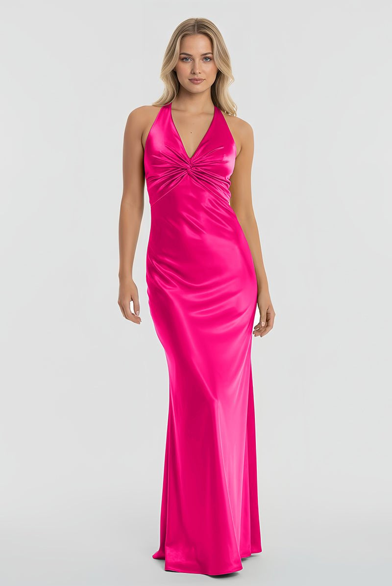 Steph | Turquoise - Halter V - Neck Pleated Satin Sleeveless Long Prom Party Dress - KissProm