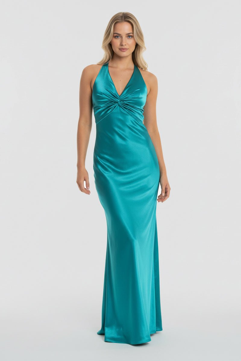 KissProm-Steph Turquoise Halter V-Neck Pleated Satin Sleeveless Long Prom Party Dress