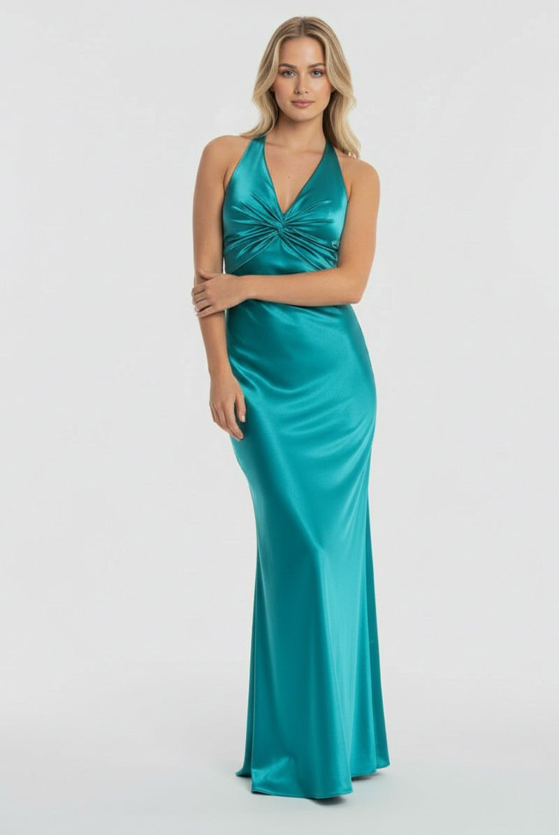 KissProm-Steph Turquoise Halter V-Neck Pleated Satin Sleeveless Long Prom Party Dress