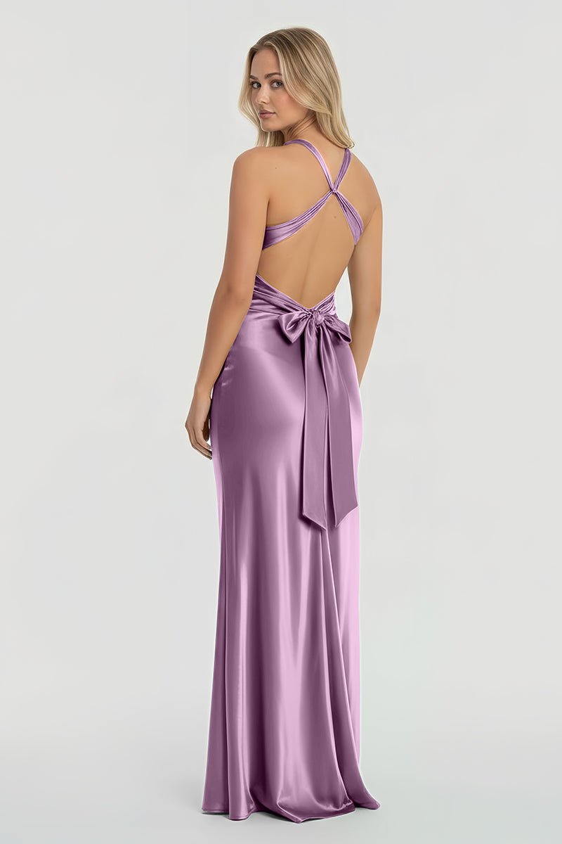 Steph | Turquoise - Halter V - Neck Pleated Satin Sleeveless Long Prom Party Dress - KissProm