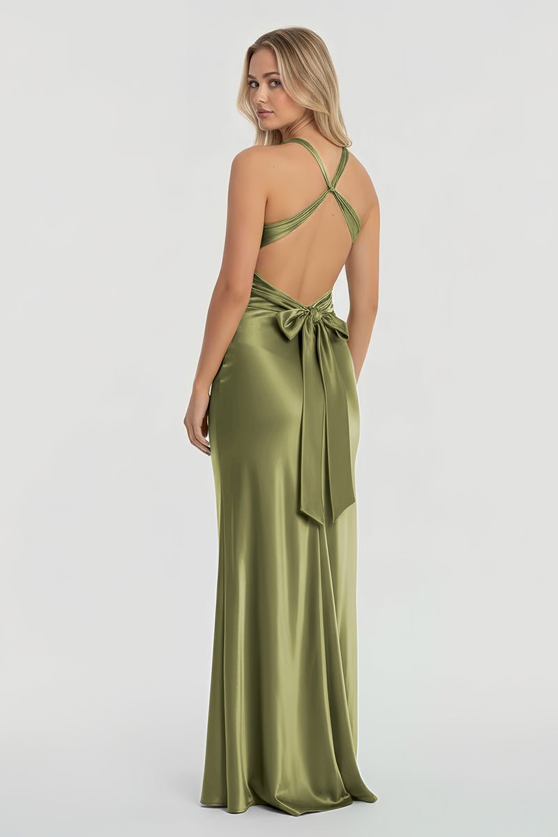 Steph | Turquoise - Halter V - Neck Pleated Satin Sleeveless Long Prom Party Dress - KissProm