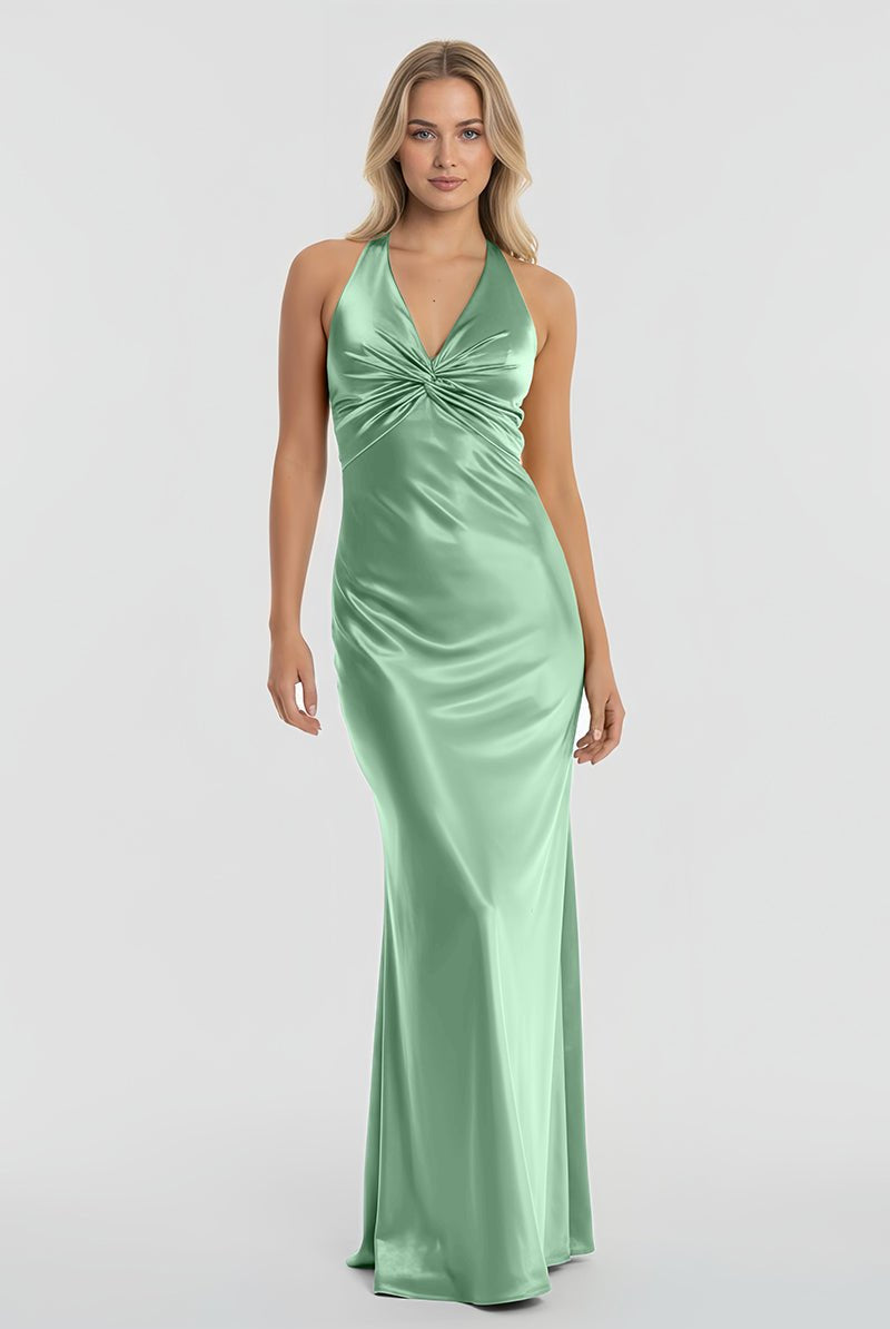 Steph | Turquoise - Halter V - Neck Pleated Satin Sleeveless Long Prom Party Dress - KissProm