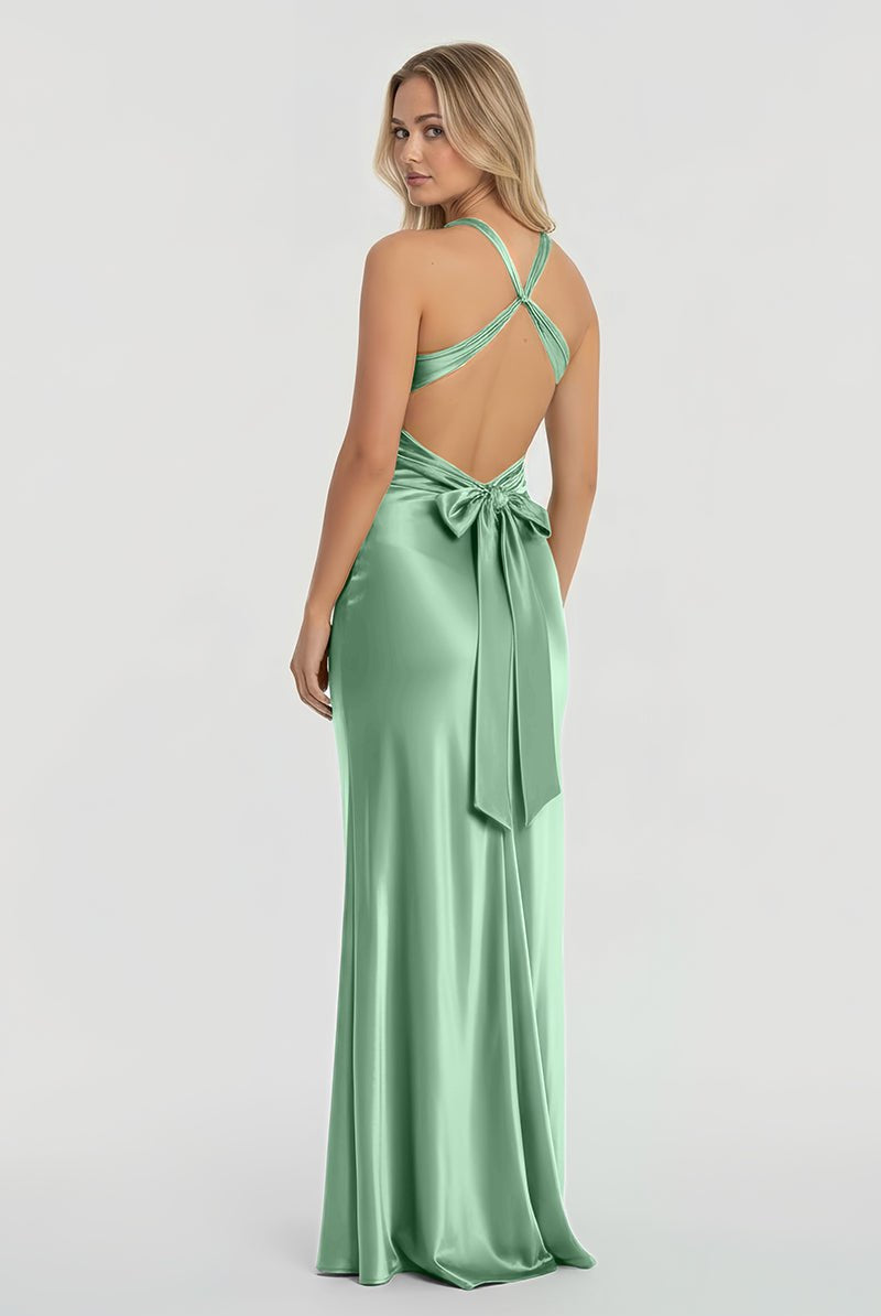 Steph | Turquoise - Halter V - Neck Pleated Satin Sleeveless Long Prom Party Dress - KissProm