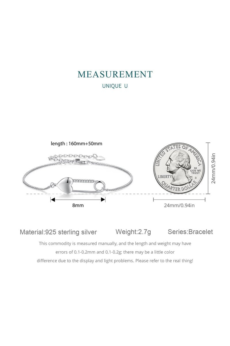 Sterling Silver Bracelet Chain with Heart Pin - KissProm