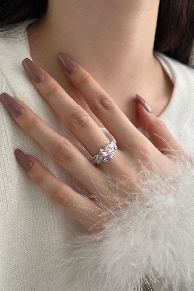 Sterling Silver Pink Heart Zircon Luxury Half Setting Ring - KissProm