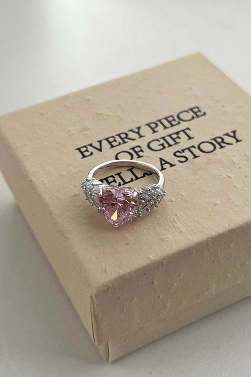 Sterling Silver Pink Heart Zircon Luxury Half Setting Ring - KissProm