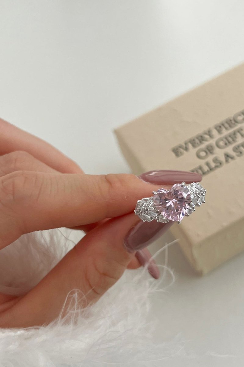 Sterling Silver Pink Heart Zircon Luxury Half Setting Ring - KissProm
