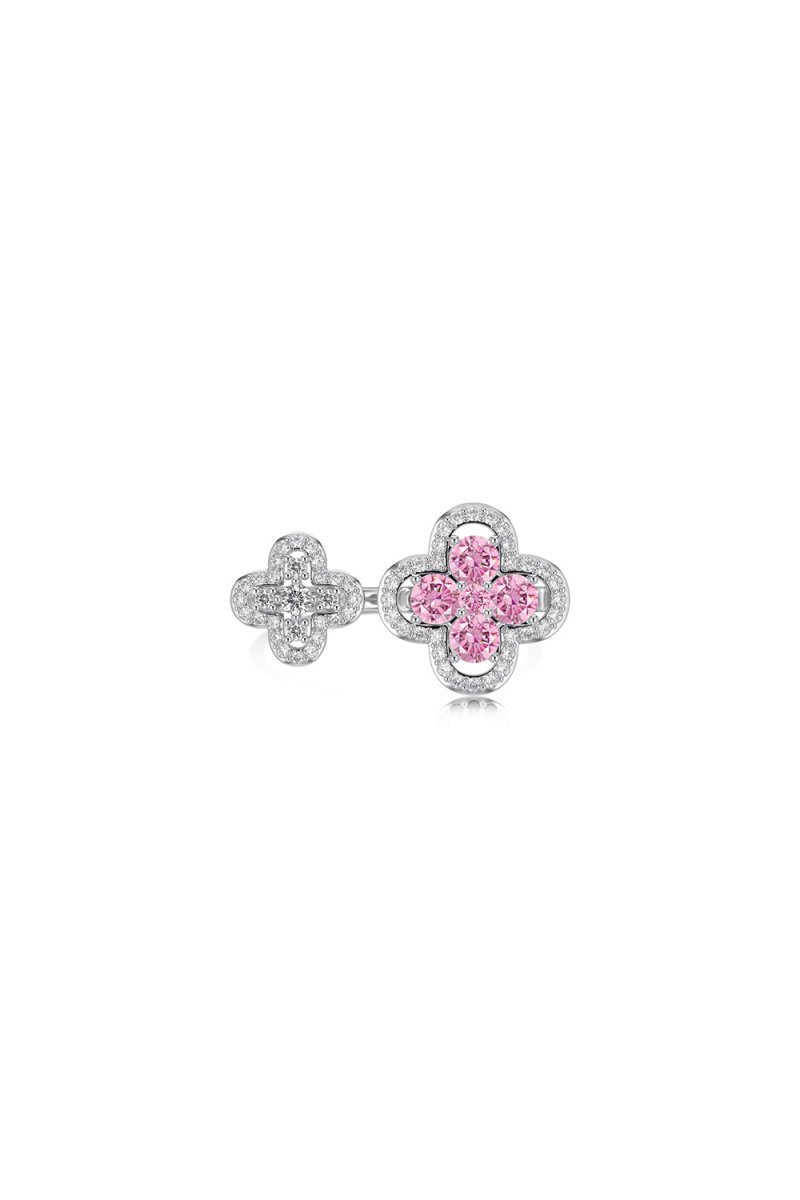 Sterling Silver Sparkling Four Leaf Clover Adjustable Open Ring - KissProm