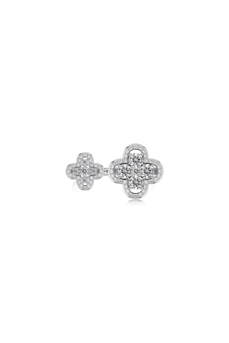 Sterling Silver Sparkling Four Leaf Clover Adjustable Open Ring - KissProm