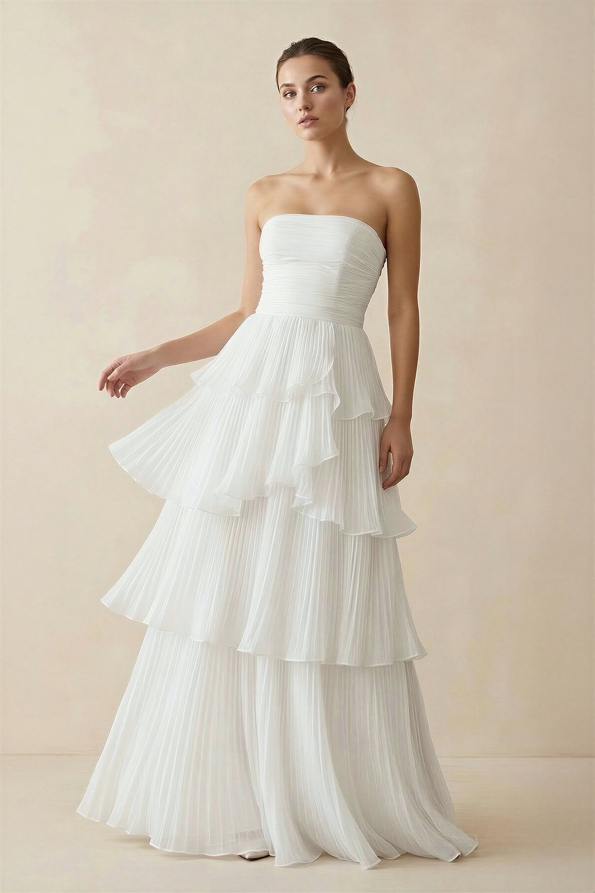 KissProm Cute A-Line Chiffon Strapless Tiered Wedding Dresses, Diamond White / 14