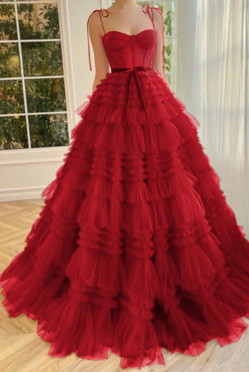 Blair |A Line Strapless Fuchsia Tiered Long Tulle Prom Dress