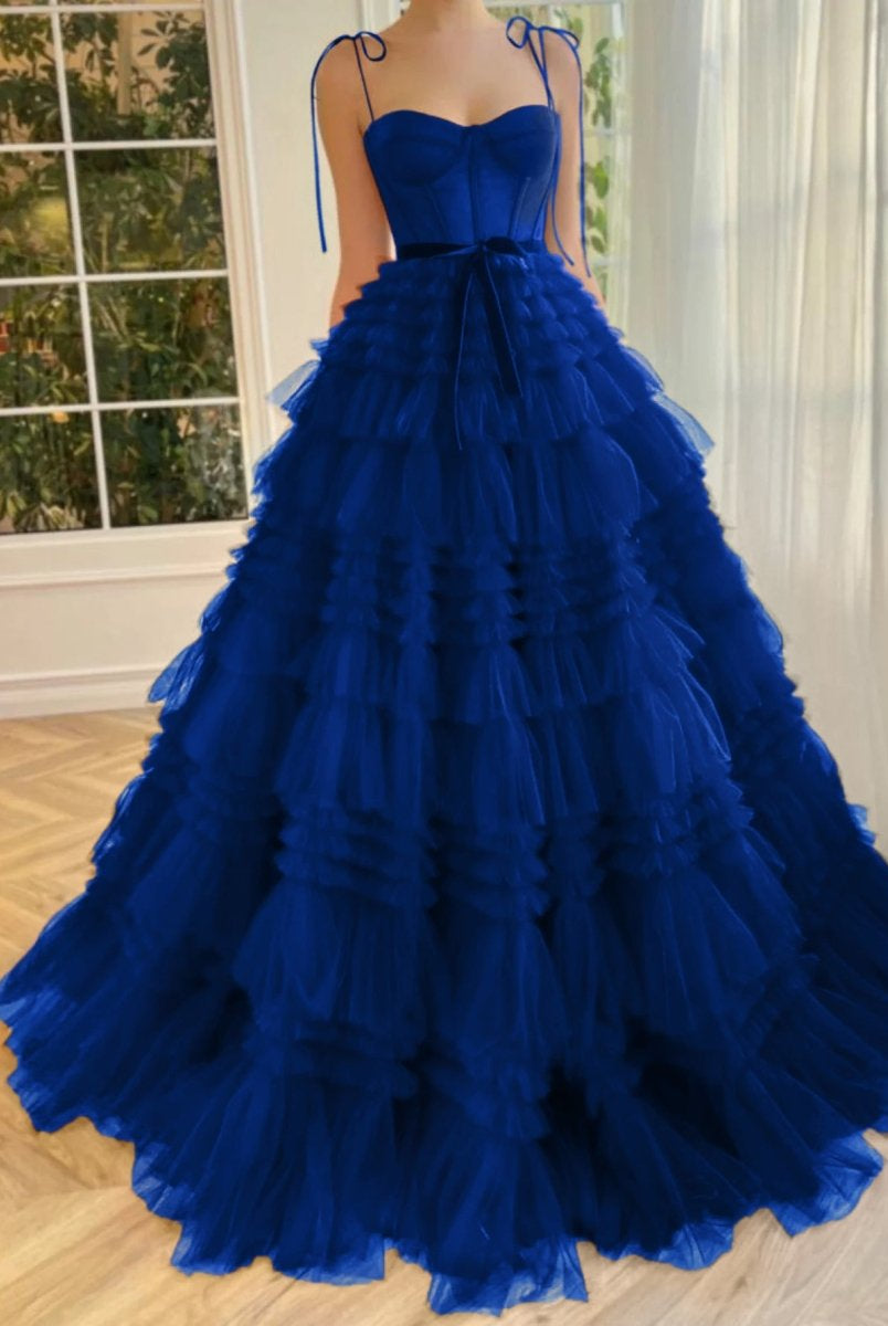 Blair |A Line Strapless Fuchsia Tiered Long Tulle Prom Dress