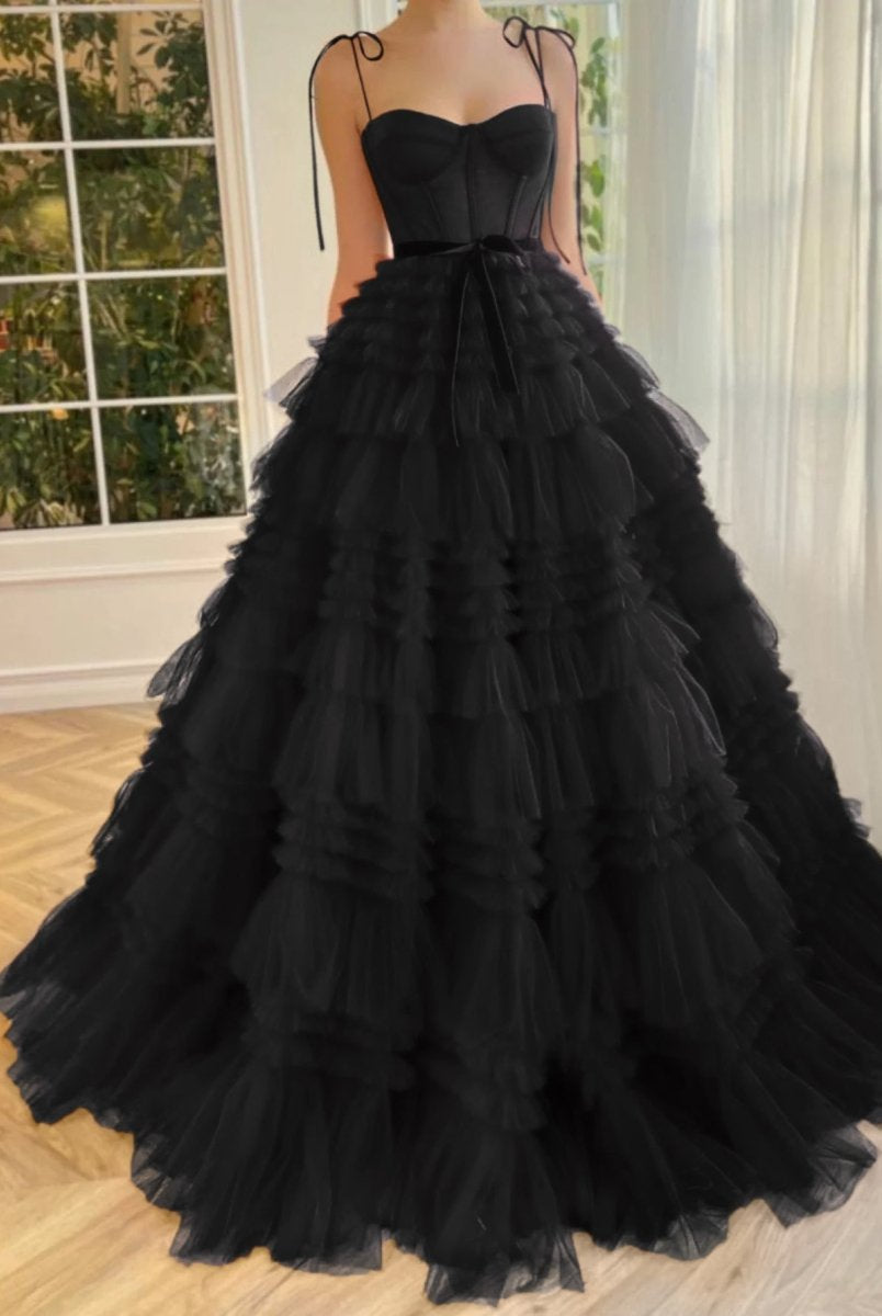 Blair |A Line Strapless Fuchsia Tiered Long Tulle Prom Dress