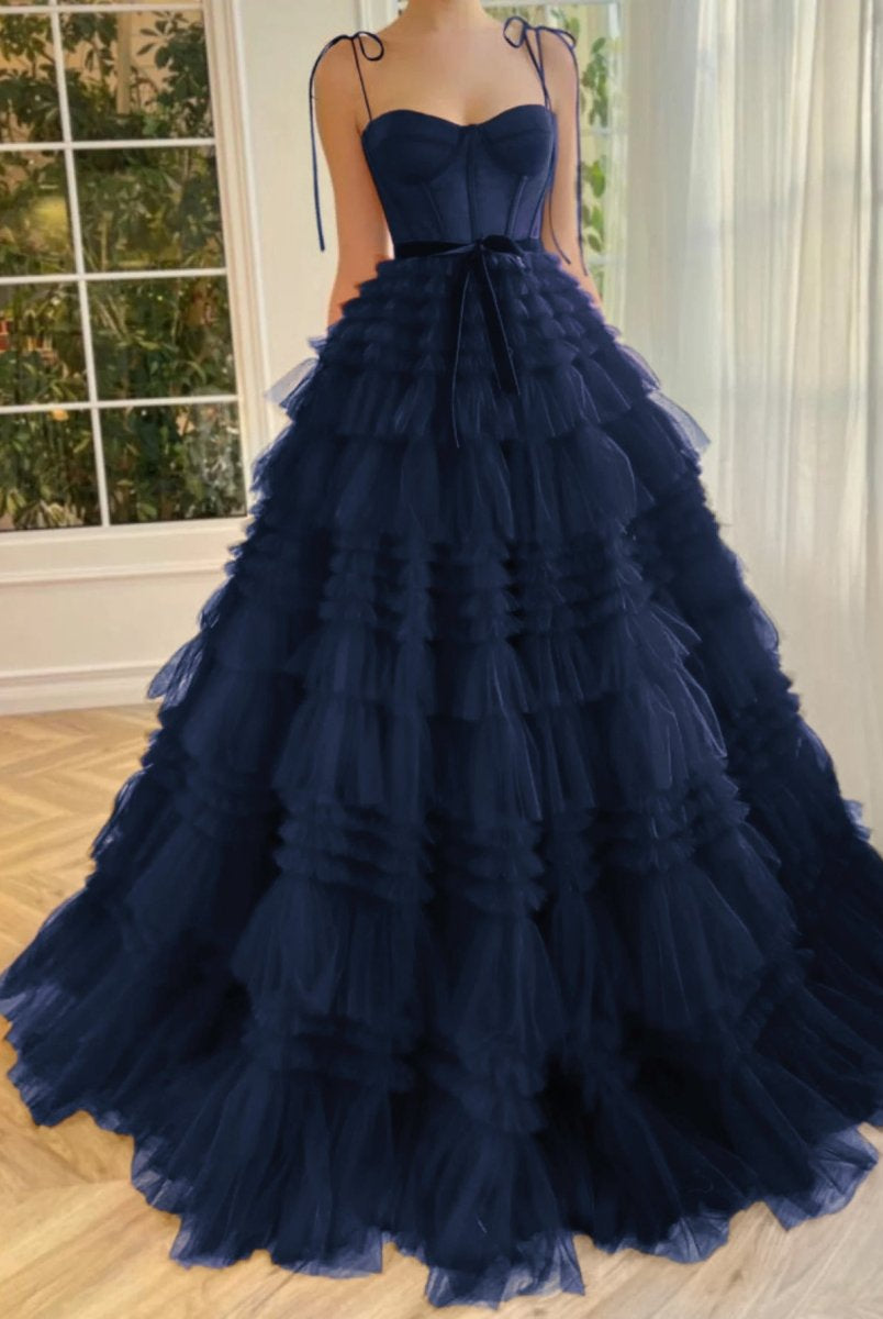 Blair |A Line Strapless Fuchsia Tiered Long Tulle Prom Dress