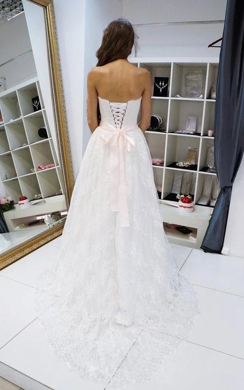 Strapless A - Line Lace Wedding Dress With Beading on Waist - KissProm