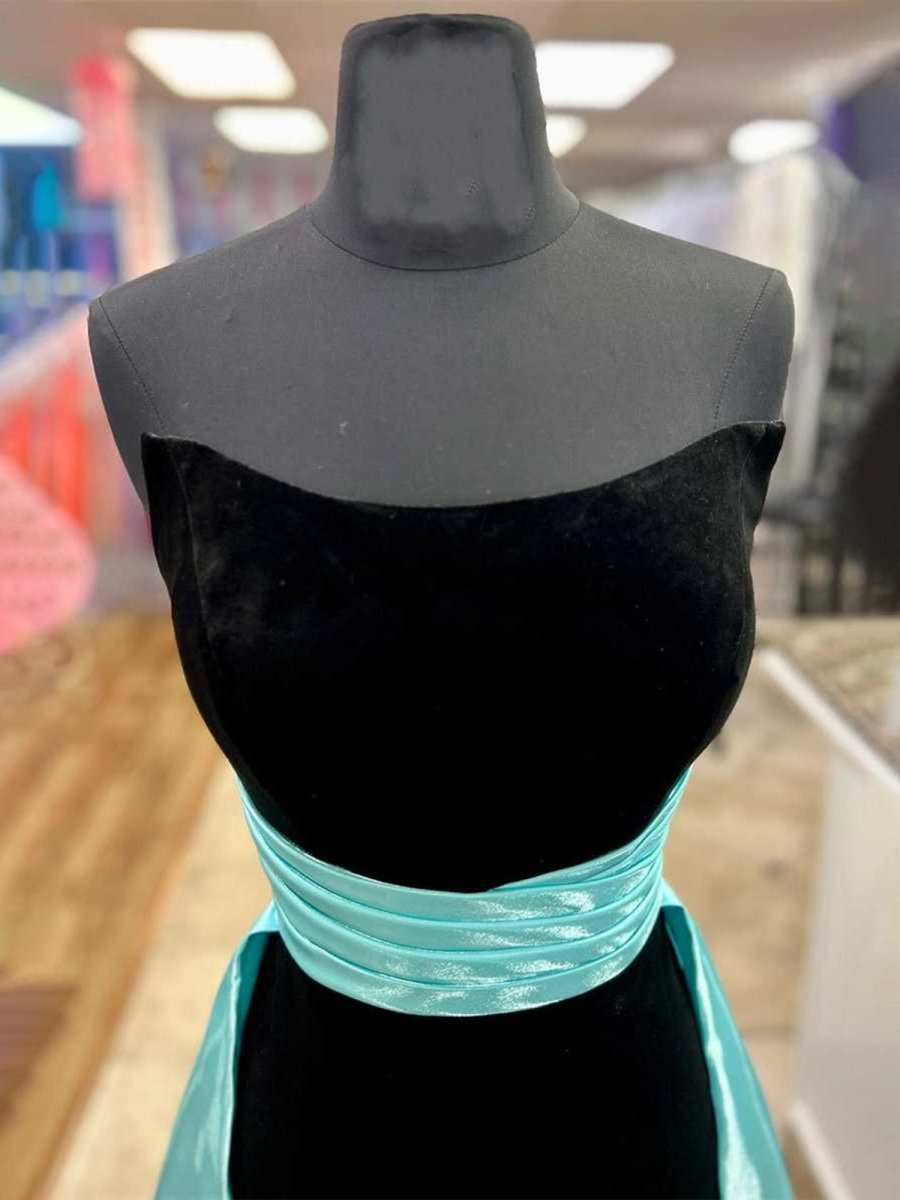Perry | Aqua - Strapless Velvet Homecoming Dress with Train