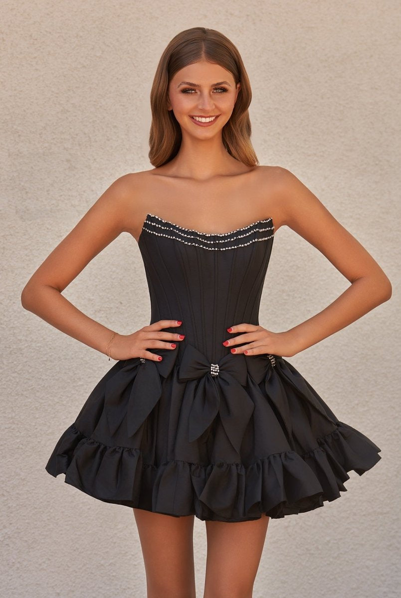 Jamila | Strapless Black Beaded Short Homecoming Dress with Bow
