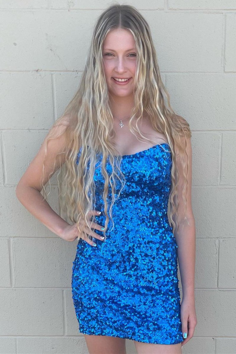 Sparkly Bodycon Strapless Blue Sequin Mini Party Dresses Sparkly Bodycon Strapless Blue Sequin Mini Party Dresses