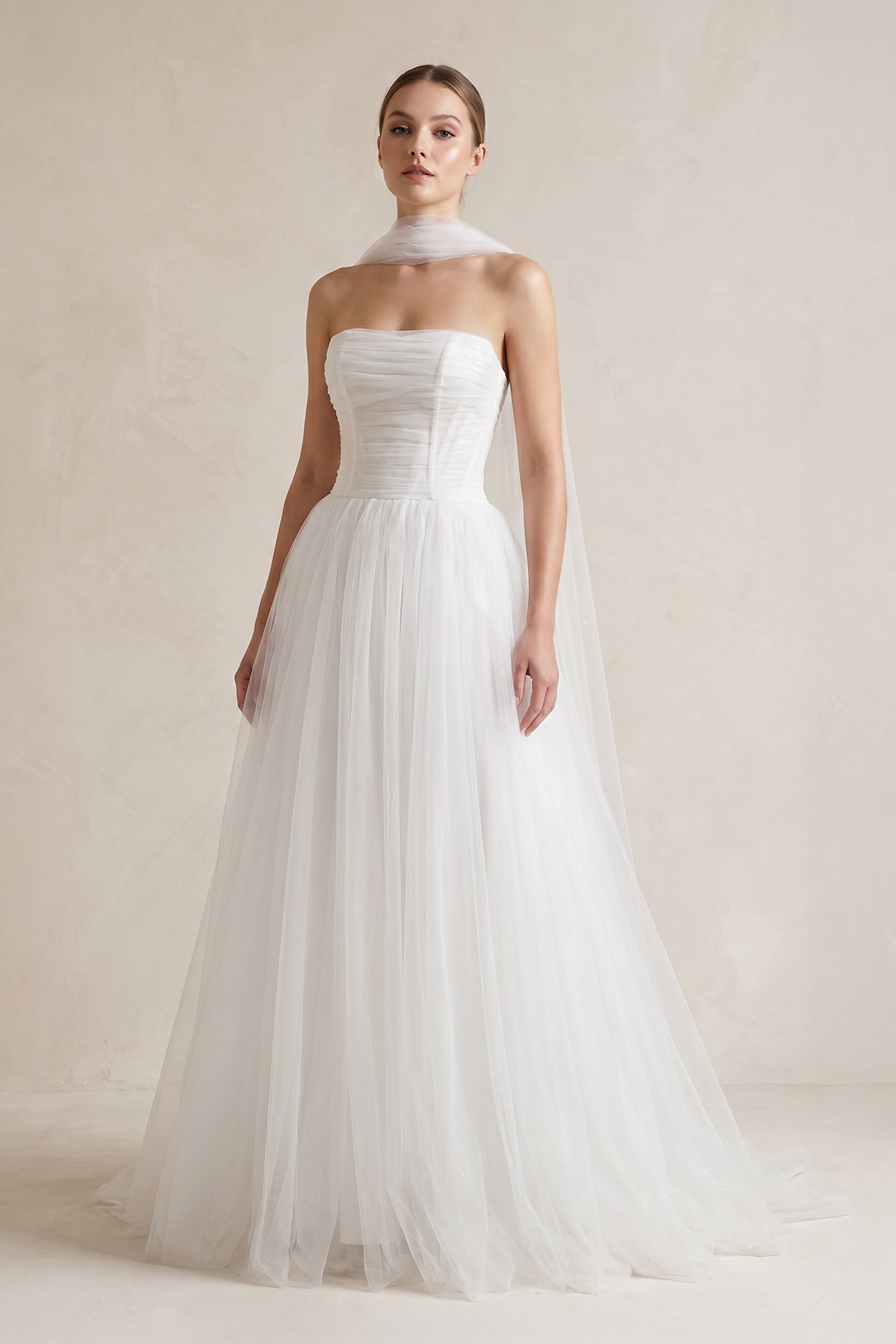 KissProm Strapless Chiffon A-Line Pleated Scarf Wedding Dress in Ivory, Ivory / 14