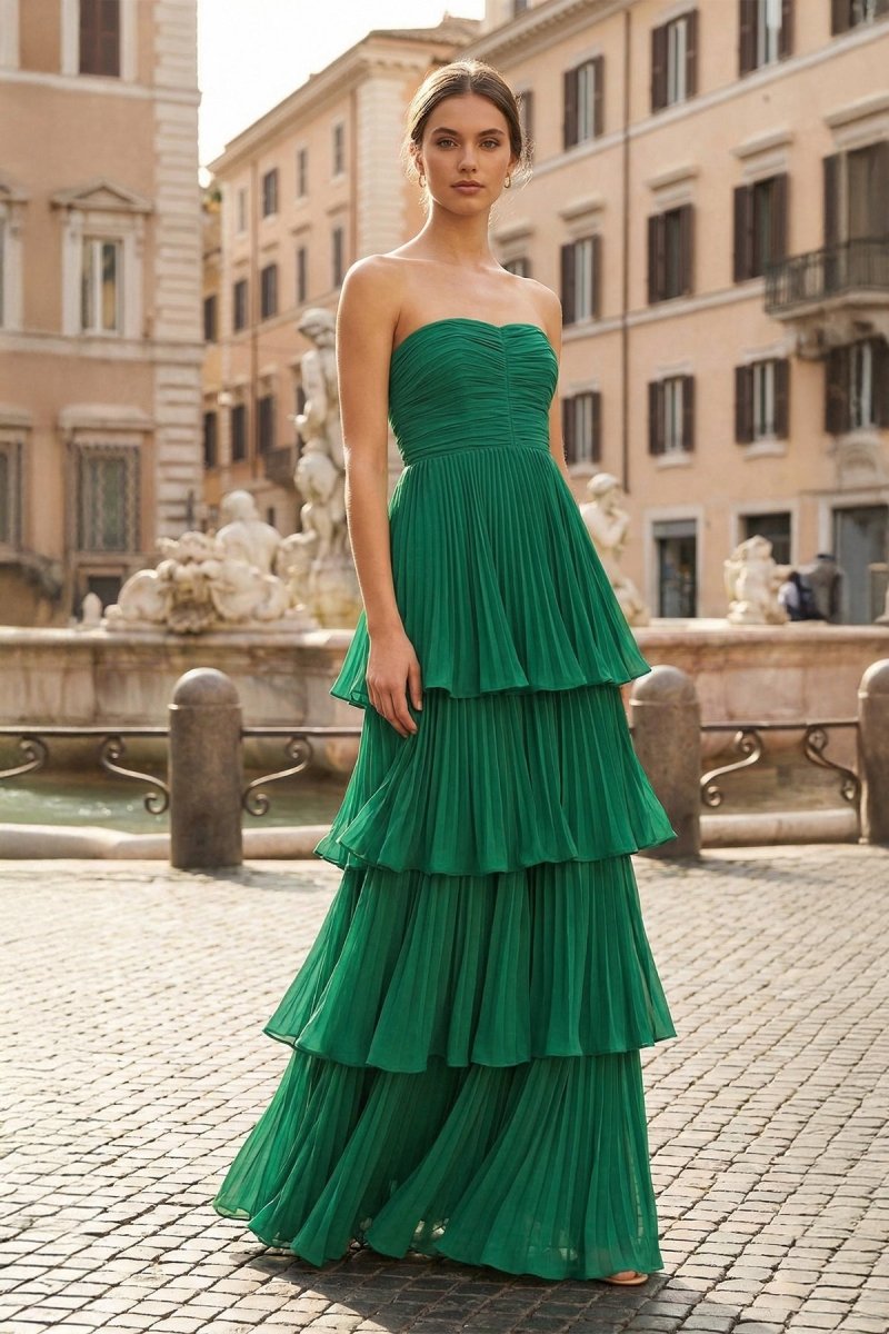 KissProm Strapless Emerald Green Ruffle Multi-Layer Long Prom Dress, Green / 16