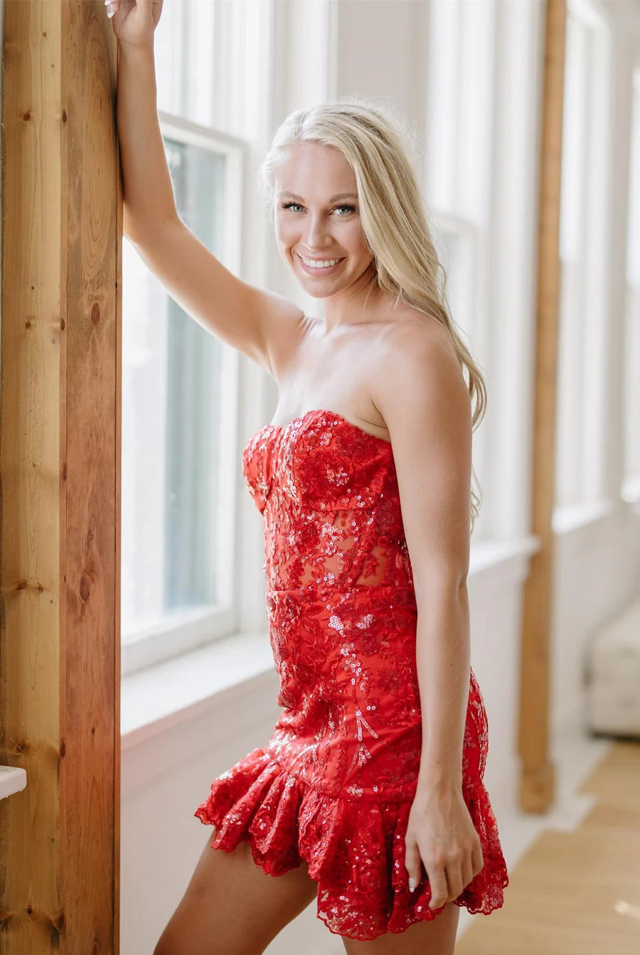 Strapless Lavender Sequin Tight Mini Dress with Ruffles