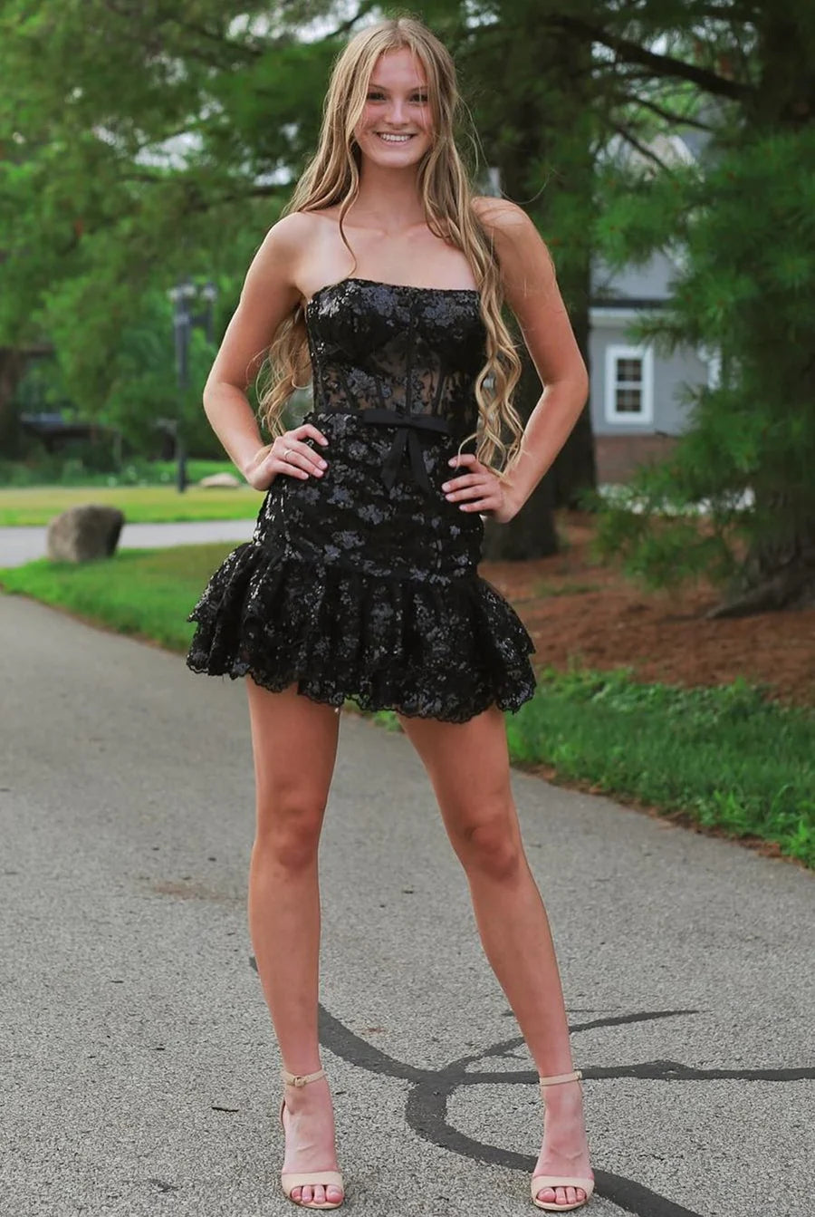 Strapless Lavender Sequin Tight Mini Dress with Ruffles