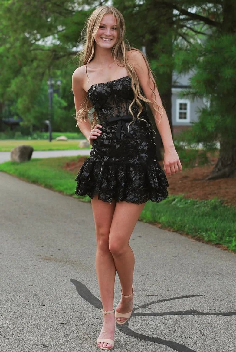 Strapless Lavender Sequin Tight Mini Dress with Ruffles