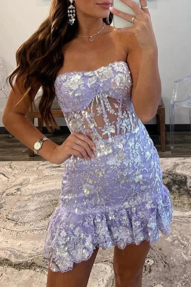 lavender sequin mini dress Strapless Lavender Sequin Tight Mini Dress with Ruffles, Lavender / 0