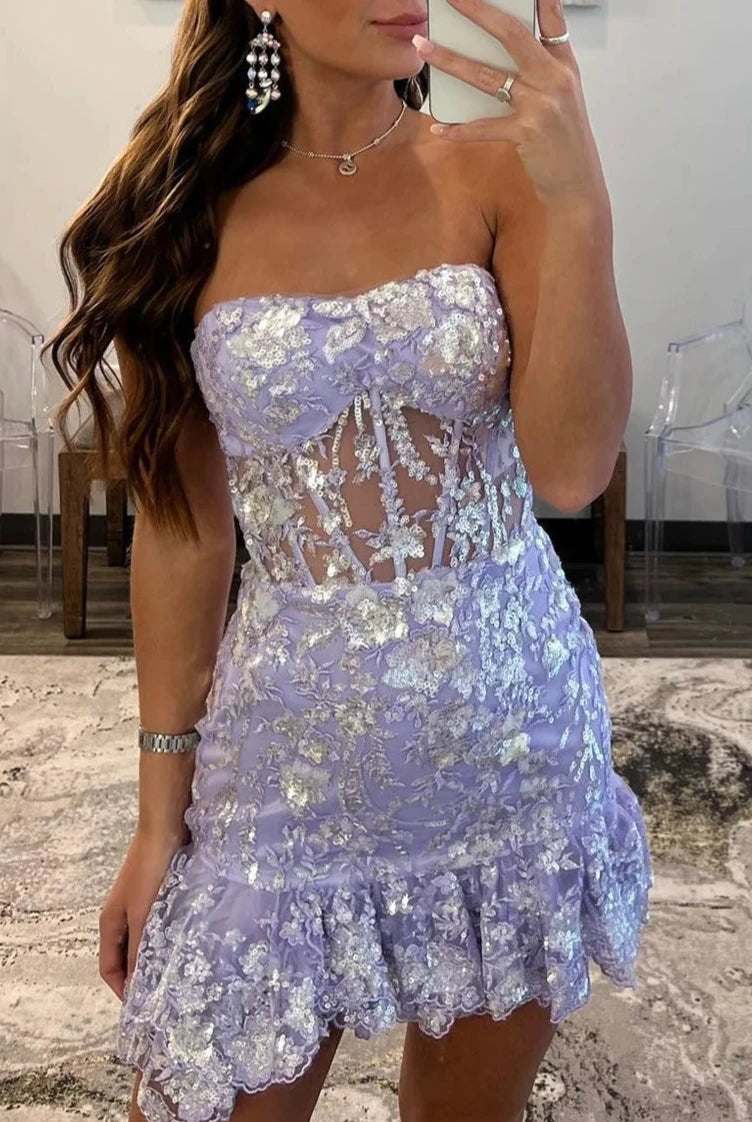 Strapless Lavender Sequin Tight Mini Dress with Ruffles
