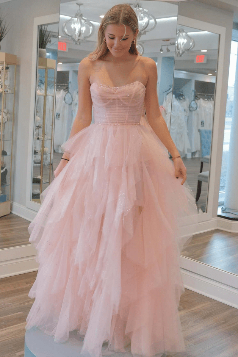 Strapless Blush Pink Sequin Beaded Ruffle Tulle Prom Dress Strapless Blush Pink Sequin Beaded Ruffle Tulle Prom Dress
