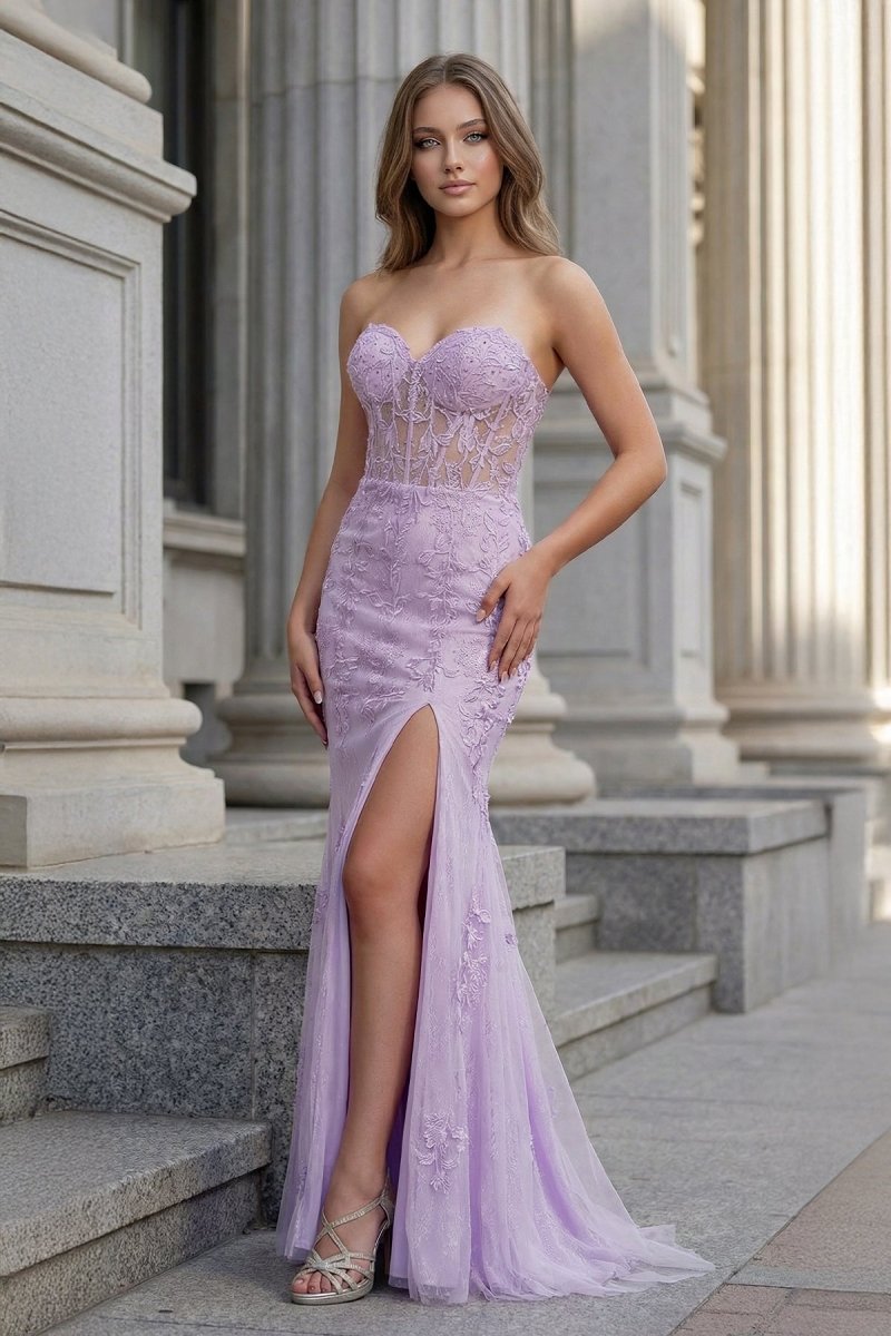KissProm Mermaid Strapless Corset Lace Prom Dress with Slit, Lilac / 6