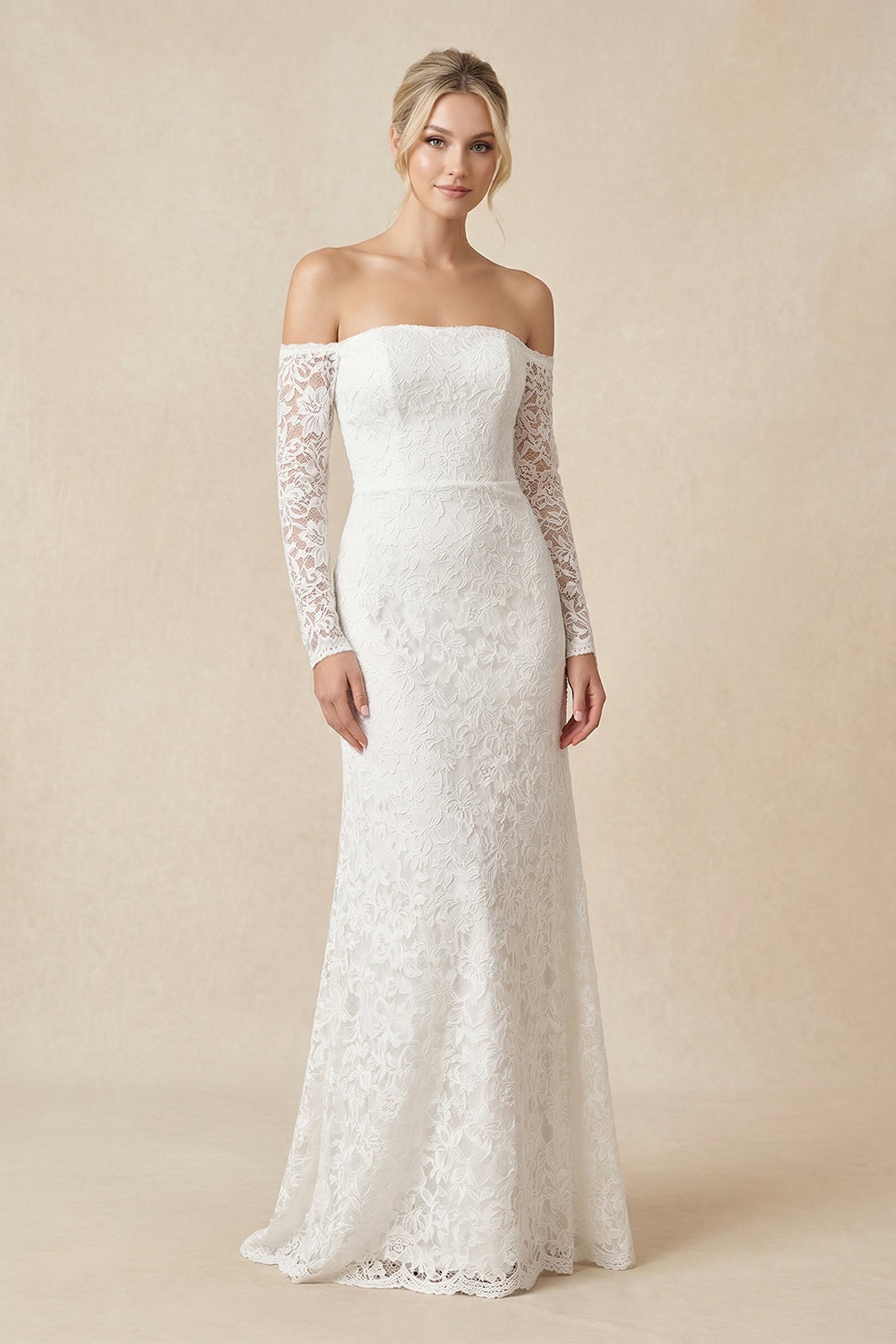 KissProm Strapless Long Sleeve A-Line Maternity Lace Wedding Dress with Train, Diamond White / 14