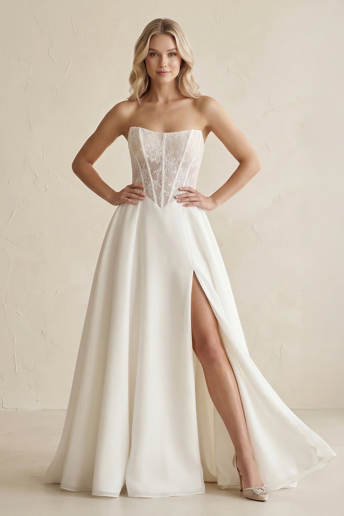 Strapless Satin Appliqued A-Line Wedding Dress with Corset in Ivory, Ivory / 20