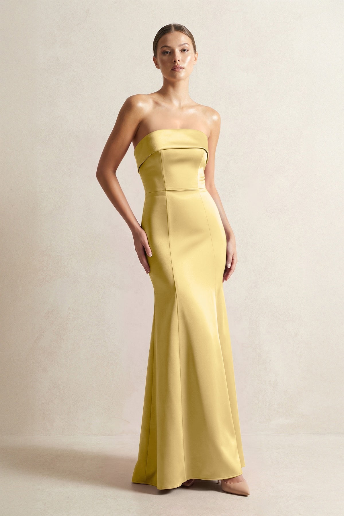 KissProm Strapless Satin Mermaid Bridesmaid Dress in Gold, Gold / 20