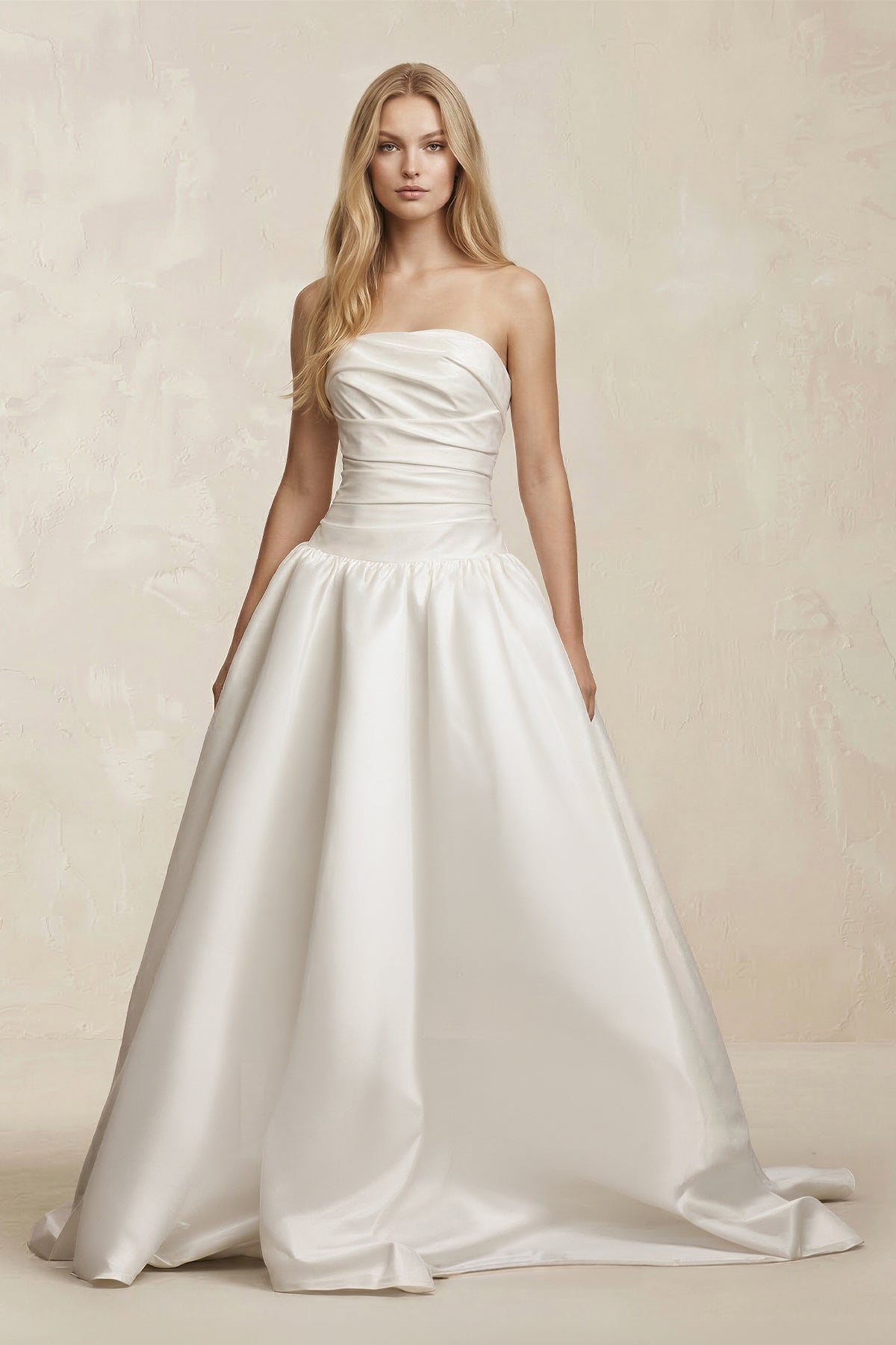 Strapless Satin Ruched A-Line Maxi Wedding Dress in White, White / 28