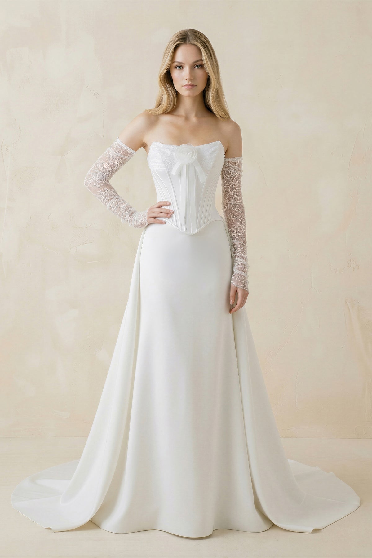 KissProm Strapless Sheath Satin Corset Wedding Dress With Detachable Sleeves in White, White / 26