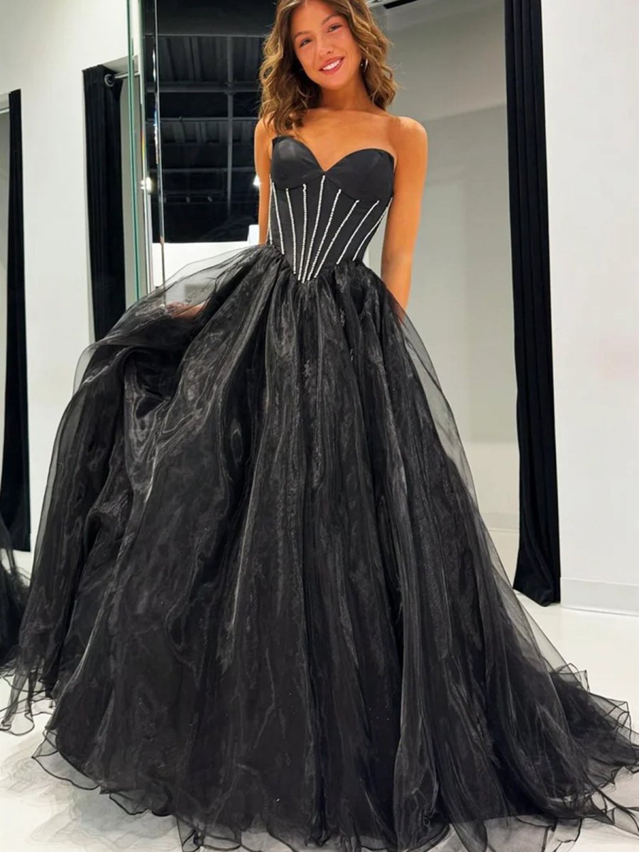 Strapless Sweetheart Neck Black Tulle Long Prom Dresses Long Black Formal Graduation Evening Dresses