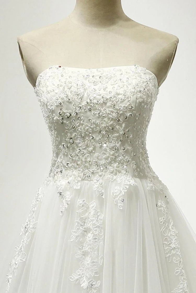 Strapless Tulle Wedding Dress With Lace Bodice Court Train - KissProm