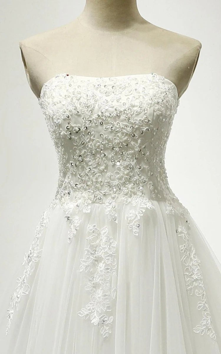 Strapless Tulle Wedding Dress With Lace Bodice Court Train - KissProm