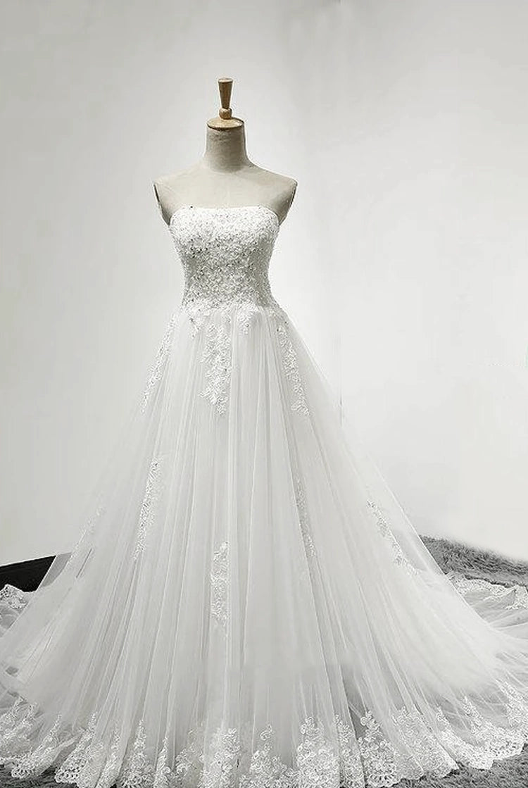 Strapless Tulle Wedding Dress With Lace Bodice Court Train - KissProm