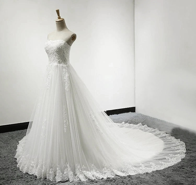 Strapless Tulle Wedding Dress With Lace Bodice Court Train - KissProm