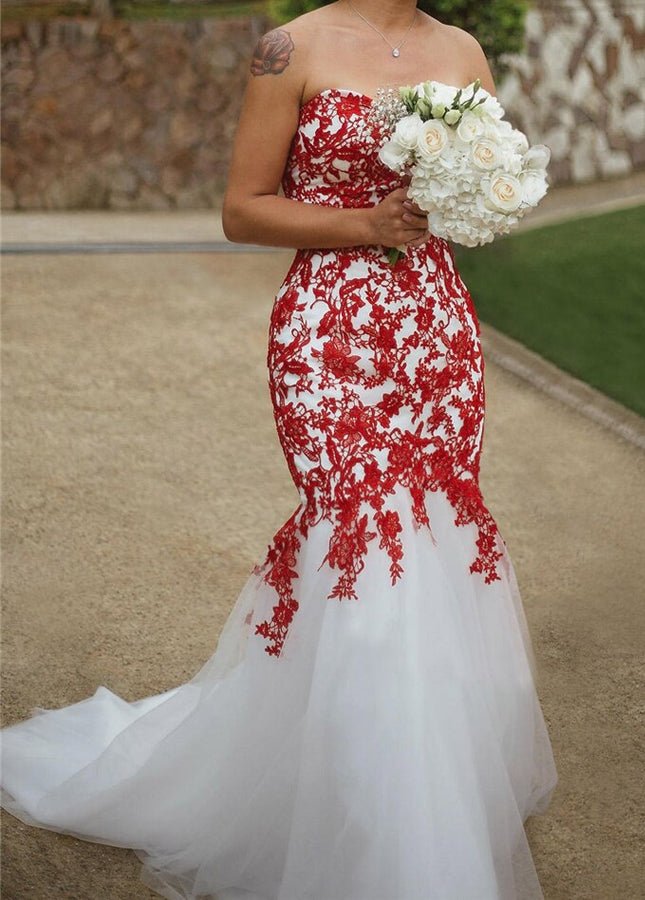 Sweetheart Sleeveless White-Red Lace Appliques Mermaid Wedding Dress Diamond White / 16 Sweetheart Sleeveless White-Red Lace Appliques Mermaid Wedding Dress Diamond White / 16