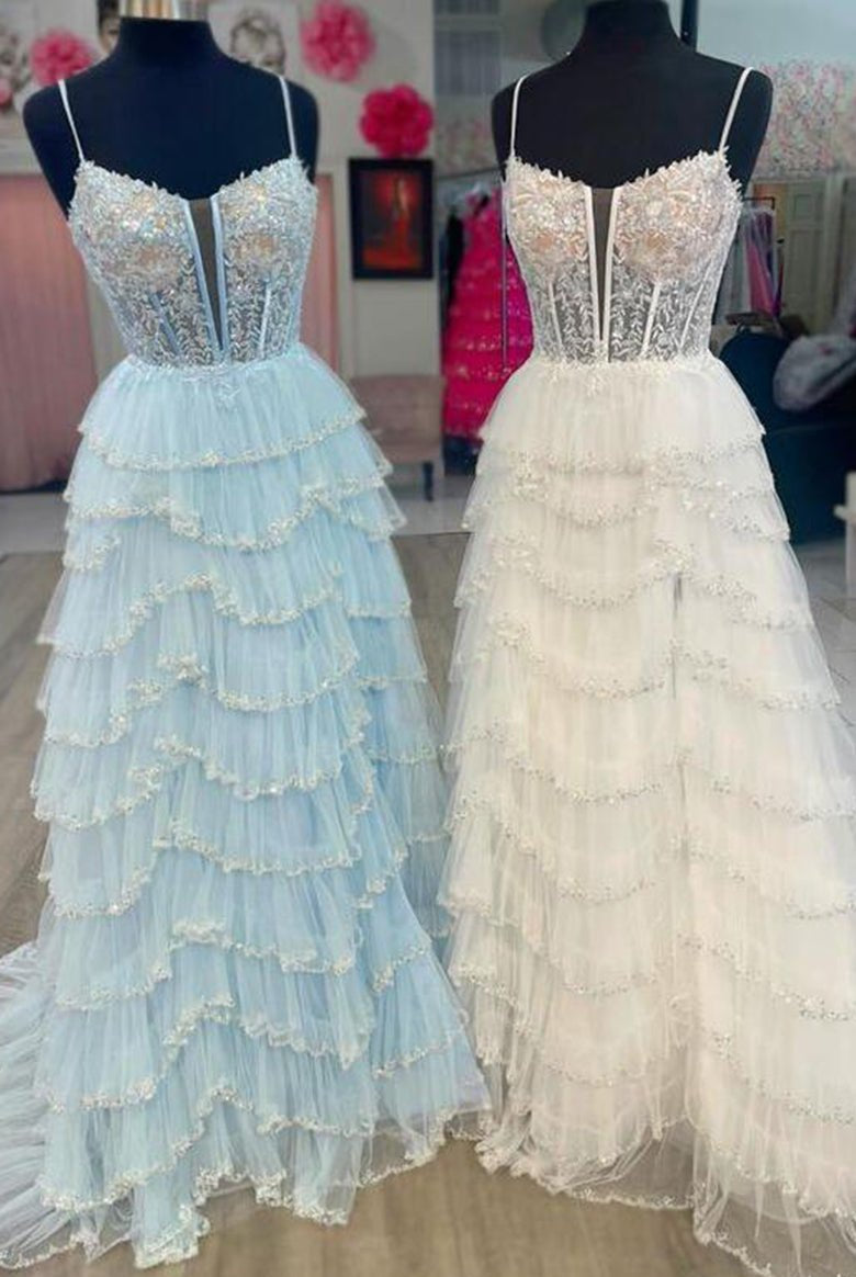 Abbie | Straps Black Mesh Cutout Sequined Layered Long Prom Dress