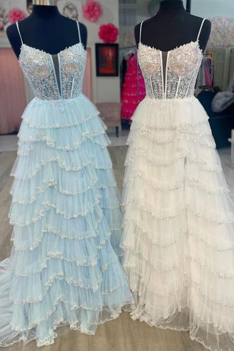 Abbie | Straps Black Mesh Cutout Sequined Layered Long Prom Dress