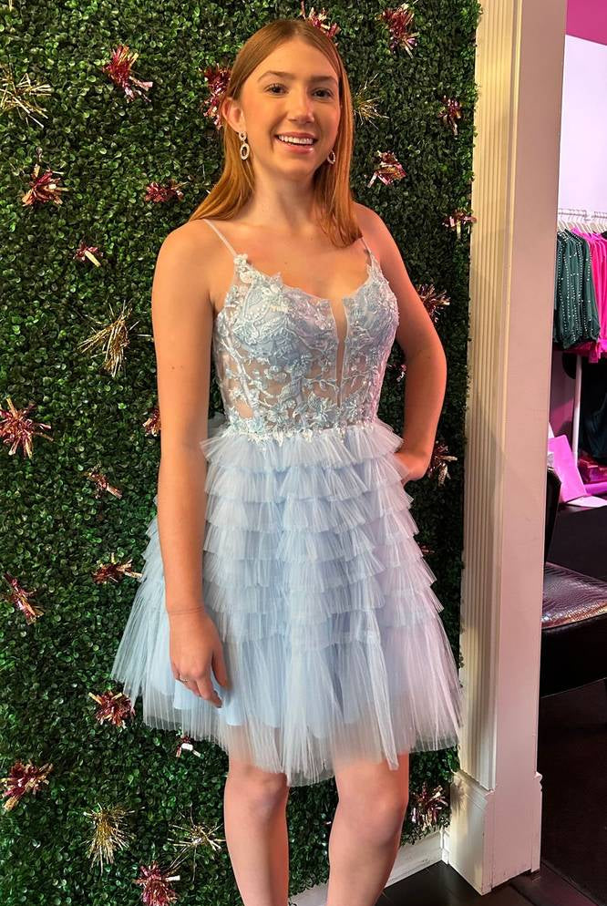 Lorraine | Straps Sky Blue Corset A-Line Ruffle Homecoming Dress