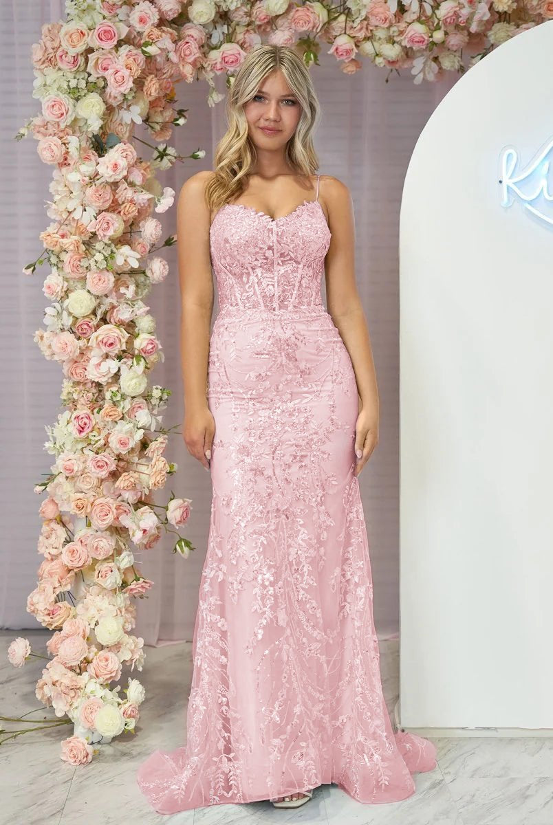 Margaret | Straps Light Blue V-Neck Sequin Appliques Mermaid Prom Dress