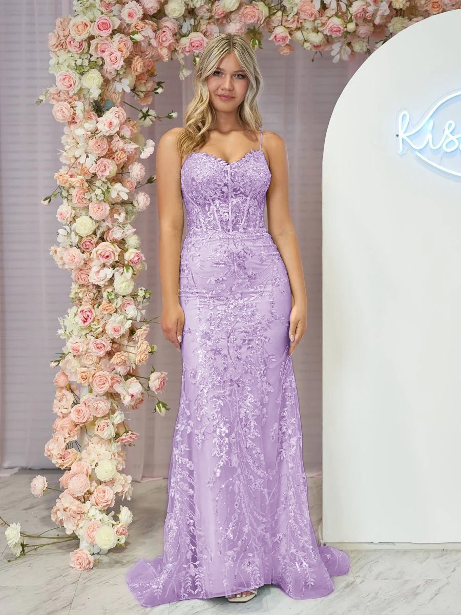 Margaret | Straps Light Blue V-Neck Sequin Appliques Mermaid Prom Dress