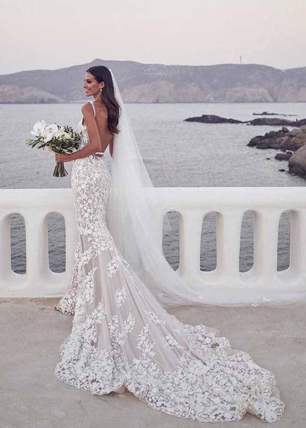 Straps Mermaid Wedding Dresses Lace Appliqued Bridal Gowns