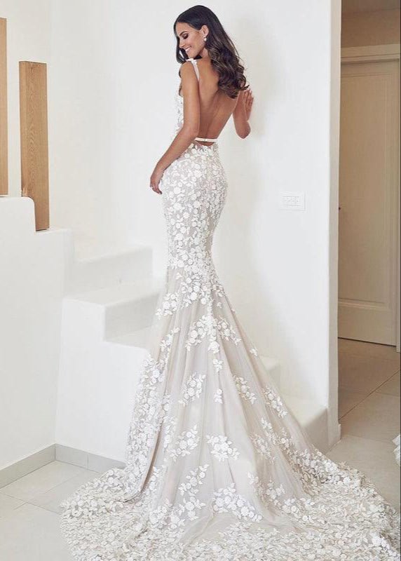 Straps Mermaid Wedding Dresses Lace Appliqued Bridal Gowns